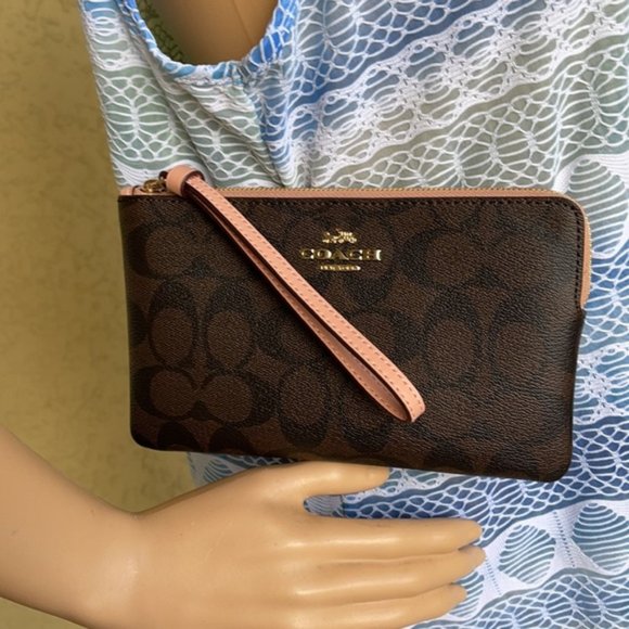 Coach Handbags - COACH Large Corner Zip Wristlet Signature Brown Shell Pink